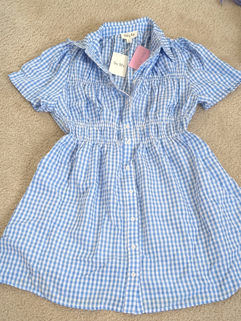 NWT So Me Light Blue Gingham Button-Down Mini Dress Small
